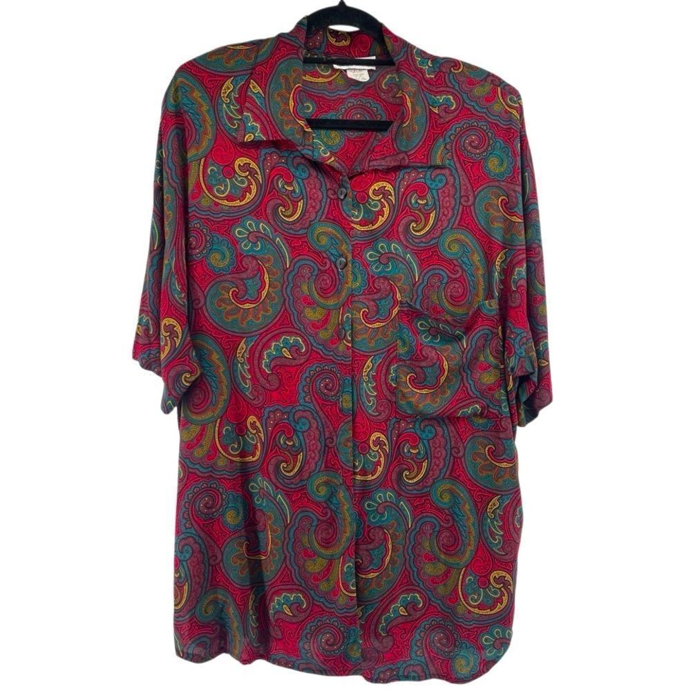 Vintage Kenneth Mitchell Women’s 22W Paisley Rayon Button Front Short Sleeve Top